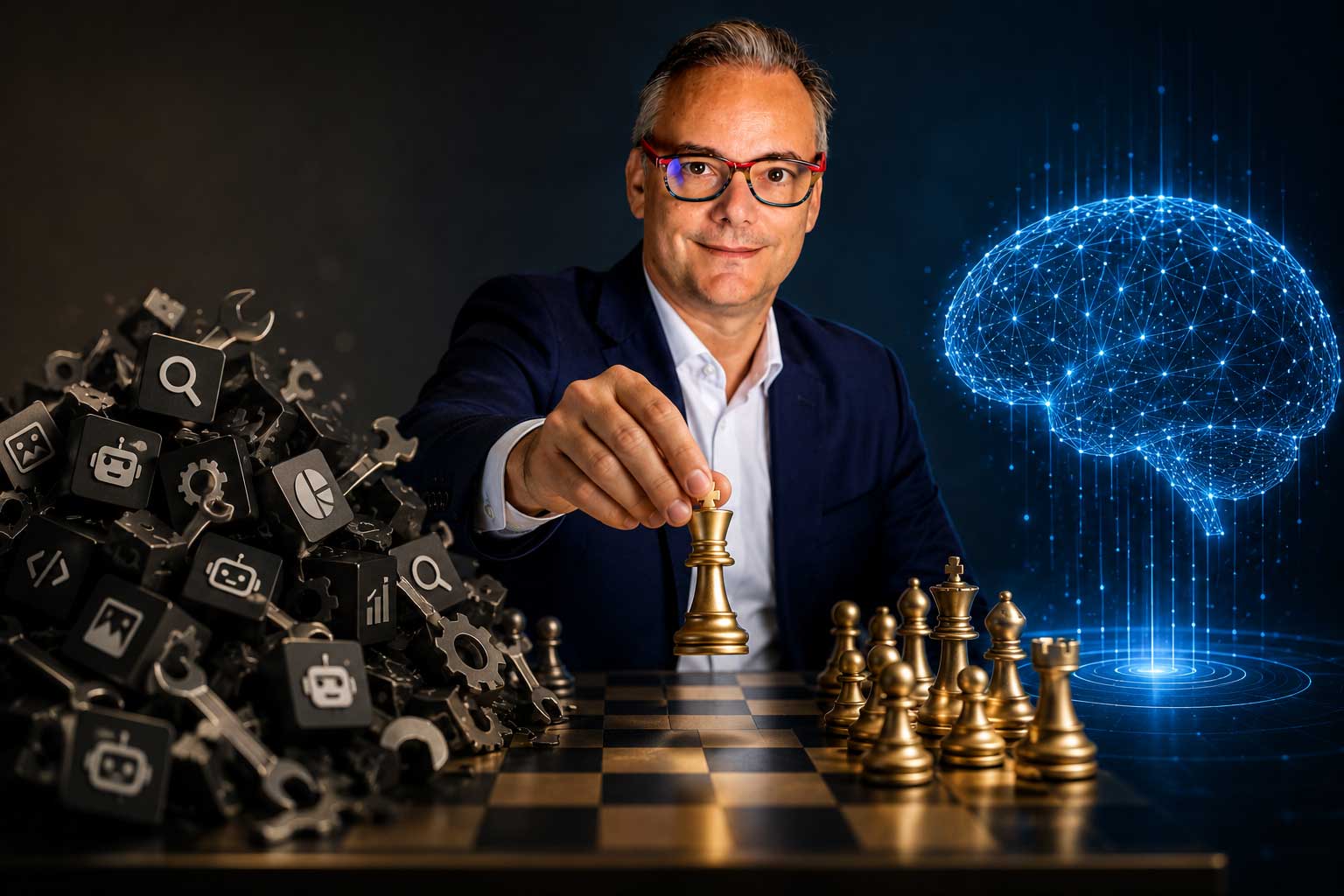 A strategist with a chess board representing AI strategy vs tools